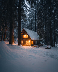 Tiny house in winter forest, aurora borealis faint glow, smoke from chimney, Scandinavian architecture, fairy tale aesthetic