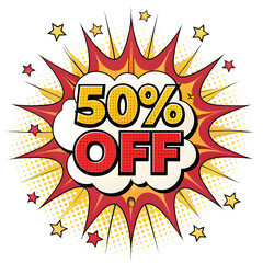 Exciting 50% Off Sale with Bursting Comic Book Style Design, Perfect for Eye-Catching Marketing Campaigns and Special Offers to Draw Customers In isolated on transparent background