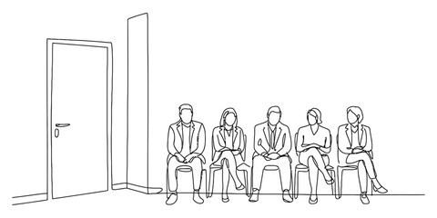 Minimalist line art illustration of business people waiting patiently in a row outside an office door, concepts of queue and anticipation