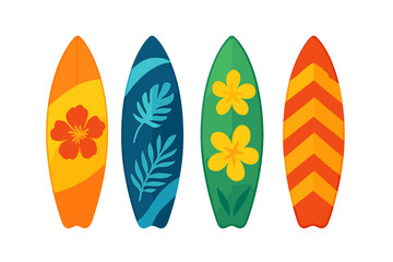Collection of four vibrant surfboards decorated with tropical flowers and geometric patterns