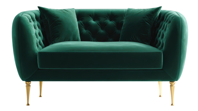 Luxurious emerald green velvet armchair featuring a tufted backrest, plush cushions, and elegant golden tapered legs. Modern design with a classic touch. background removed