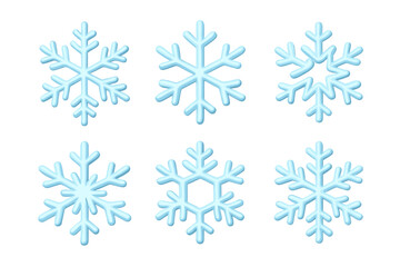 Fototapeta premium Set of six unique light blue snow crystals isolated on a clean white background