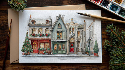 Watercolor Christmas Card with Hand-Painted Festive Elements on White Background