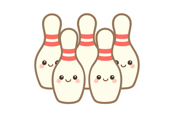 A group of adorable kawaii style bowling pins with smiling faces standing together ready for a game