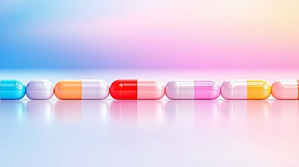 A line of multi-colored pharmaceutical capsules are arranged horizontally on a reflective surface against a soft gradient background.