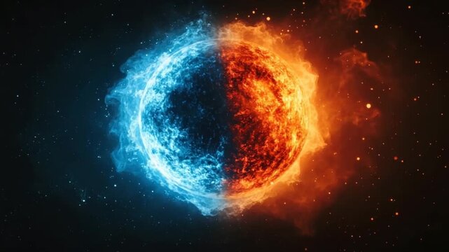 A celestial sphere divided by contrasting elements of fire and ice, evoking a powerful image of duality in space.