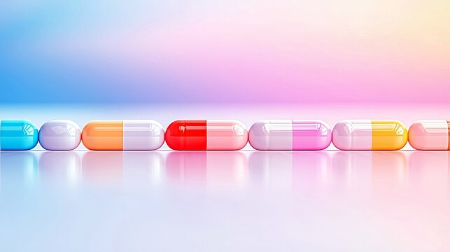 A line of multi-colored pharmaceutical capsules are arranged horizontally on a reflective surface against a soft gradient background.