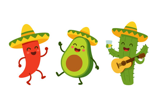 Cute cartoon characters celebrating Mexican fiesta with chili pepper, avocado, and cactus wearing sombreros