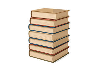 Tall vertical stack of seven closed hardcover books with colorful spines isolated on a white background