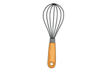 Traditional kitchen whisk with wooden handle and metal wires for baking and cooking