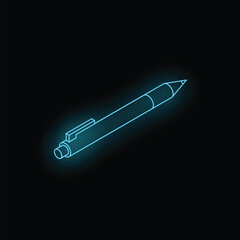 Blue neon pen glowing on black background representing writing, ideas, and creativity