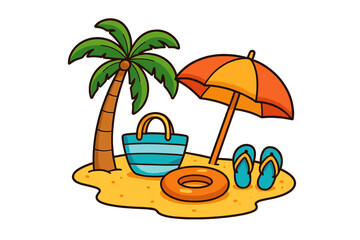 Tropical beach vacation items on sand including palm tree umbrella and flip flops