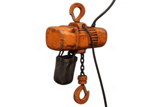 Industrial electric chain hoist with chains and hook for heavy lifting, showing rust and wear, transparent background