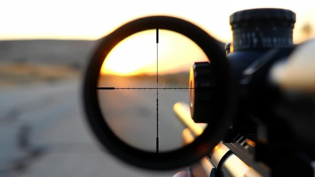 A close up of a rifle scope at sunset shows the crosshairs aiming towards the warm hues of the setting sun emphasizing military precision and hunting targets in the background