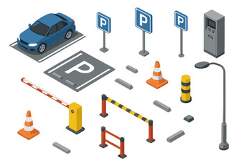 Isometric parking lot infrastructure elements set with car, signs, barrier, and payment terminal © icon_art