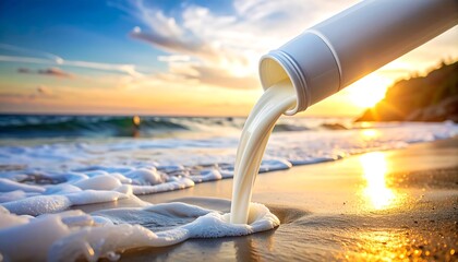 A surreal scene of a white liquid pouring from a pipe onto a beach with foamy waves under a golden sunset sky