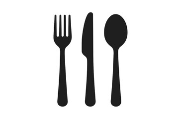 Black silhouette of dining cutlery set including fork, knife, and spoon arranged vertically