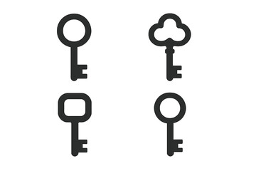 Four distinct black key shapes for unlocking, privacy, and secret access concepts