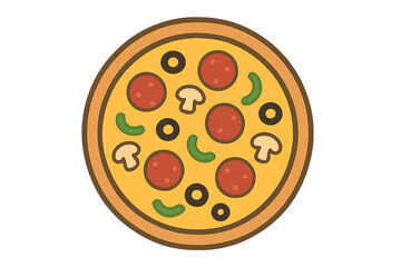 Whole round pizza with pepperoni, mushrooms, green peppers, and black olives isolated on white background