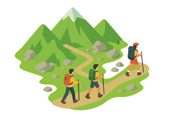 Group of three hikers with backpacks and trekking poles walking along a winding mountain trail in a green landscape © icon_art