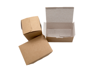 Three self-assembled boxes of different designs made of unpainted cardboard for food with a laminated inner layer, highlighted on a white background