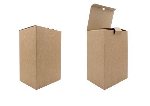 Two unpainted cardboard boxes, open and closed, highlighted on a white background, collage