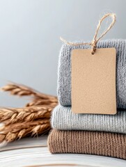 A stack of three folded knit sweaters in gray and brown hues, with a blank kraft paper tag attached by twine, sits beside dried wheat stalks.