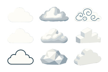 Nine diverse stylized cloud icons for weather conditions and design concepts