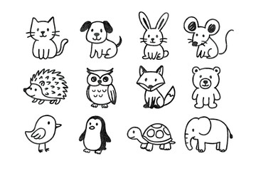 Simple hand drawn doodle set of cute animals including cat dog rabbit and bear © icon_art