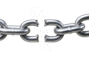 Obraz premium Close up 3D rendering of a heavy steel chain snapping apart showing a broken link and the concept of liberation or release isolated on transparent background