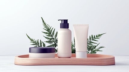 A minimalist arrangement of three cosmetic containers, including a pump bottle, a squeeze tube, and a jar, are displayed on a wooden tray adorned with green fer