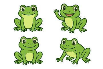 Set of four adorable cartoon green frogs displaying various poses and expressions