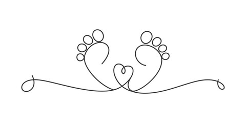 One continuous line drawing of tiny baby feet embracing a heart symbol, representing new life, love, family, and parenthood. minimalist vector art.
