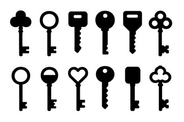 Collection of twelve different black silhouette keys representing various types for security and access