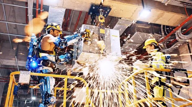 Two construction workers in a high-tech facility, one in a powered exoskeleton lifting HVAC unit