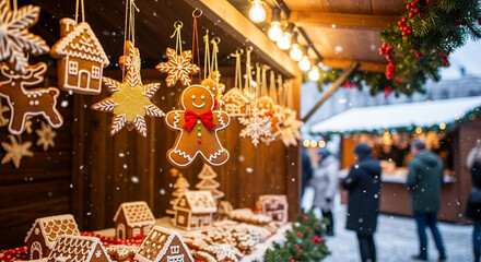 Festive scene with gingerbread cookies hanging from wooden stall, with houses displayed. Represents holiday tradition, Christmas market atmosphere