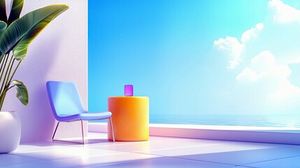 A minimalist interior scene features a light blue chair and an orange cylindrical table with a purple object on top, set against a backdrop of the ocean and a b