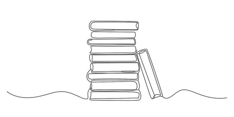 Continuous line art drawing of a tall stack of books with one book leaning against the side, representing education, knowledge, and learning