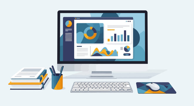 A sleek computer workstation featuring a comprehensive data analysis dashboard and essential office supplies