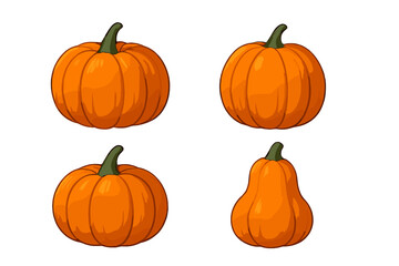 Assortment of four bright orange pumpkins featuring diverse shapes perfect for autumn and Halloween