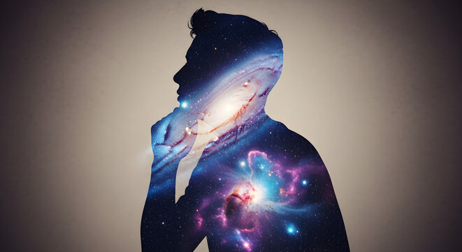 Introspective silhouette of a person in deep thought, with a vibrant galaxy and nebula illustrating the vastness of human consciousness - Powered by Adobe