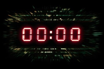 A glowing red digital timer displaying 00:00 against a dark, glitchy background, symbolizing endings, beginnings, deadlines, and critical moments.

