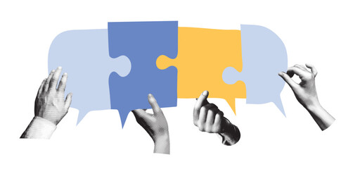 Hands holding blue and yellow speech bubbles in a puzzle shape. Vector collage. Communication and teamwork concept for business and education.