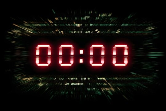 A glowing red digital timer displaying 00:00 against a dark, glitchy background, symbolizing endings, beginnings, deadlines, and critical moments.
