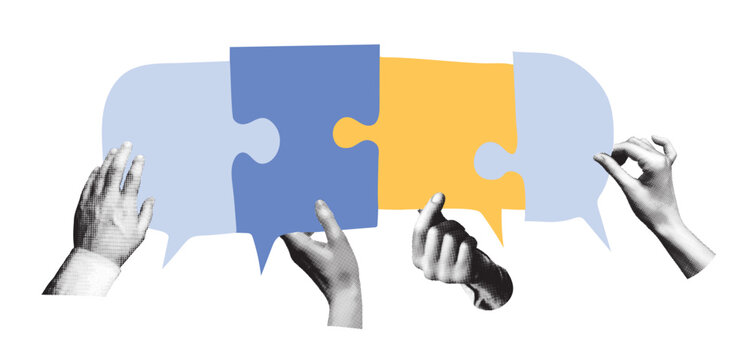 Hands holding blue and yellow speech bubbles in a puzzle shape. Vector collage. Communication and teamwork concept for business and education.