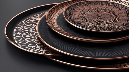 Modern flatlay of black and copper chargers on high-contrast pattern