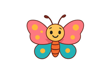 Adorable happy butterfly mascot with large pink and teal wings and yellow spots