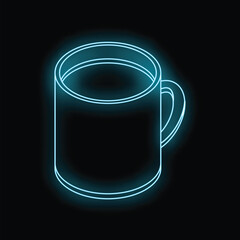 Blue neon mug shining in the dark background, simple minimalist isometric object