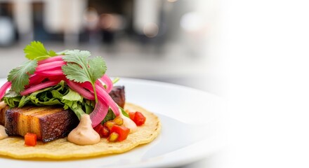 Gourmet Pork Belly Taco with Pickled Onions and Cilantro on a White Plate