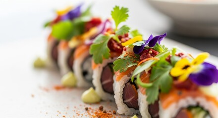 Artfully Decorated Sushi Rolls with Edible Flowers and Fresh Herbs
